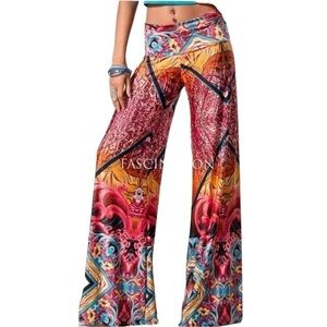 J Red Boho Hippie Aztec Wide Leg Palazzo Pants Women's Size L Tall